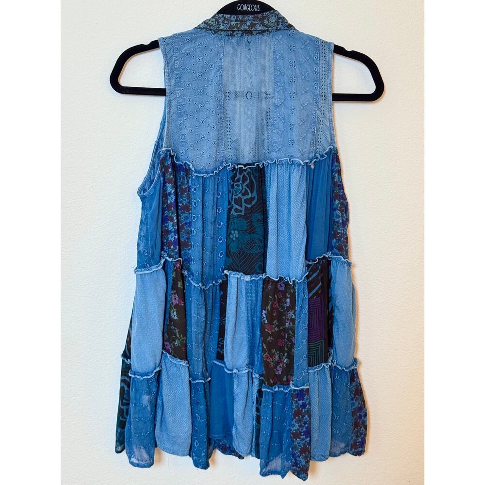 Boho Western Festival Floral Patchwork Tank Top NEW Sleeveless Indigo Blue Large - Picture 2 of 8